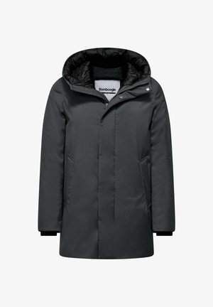 Ciemnoszara, ocieplona kurtka z kapturem, z gładką powierzchnią, pikowaną podszewką i zapięciem na zatrzask z przodu. Obecne są kieszenie boczne.