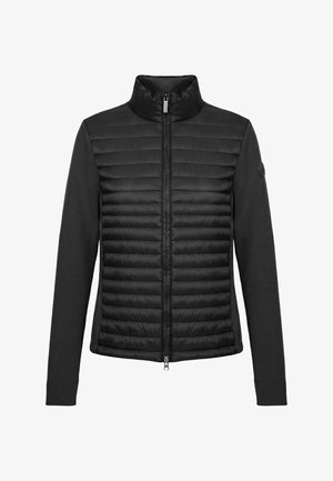 Black lightweight quilted jacket with long sleeves, full front zipper, and round collar, featuring a small logo patch on the left sleeve.