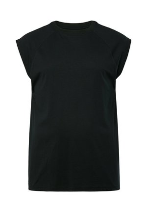 T-shirt noir à manches courtes en coton doux. Caractéristiques : coupe décontractée, col rond et manches raglan. Texture lisse sans motifs.