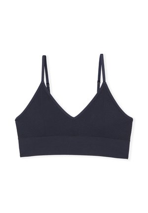 Soutien-gorge bralette bleu marine avec un décolleté en V, présentant une texture côtelée verticale et des bretelles réglables, fini par une large bande élastique pour le soutien.