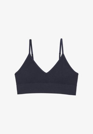 Soutien-gorge bralette bleu marine avec un décolleté en V, présentant une texture côtelée verticale et des bretelles réglables, fini par une large bande élastique pour le soutien.