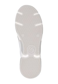 Semelle de chaussure en caoutchouc blanc avec un motif géométrique, présentant des rainures saillantes et un logo circulaire au centre.