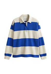 Chemise de rugby à manches longues avec larges rayures horizontales bleues et blanches et col blanc signée GANT.