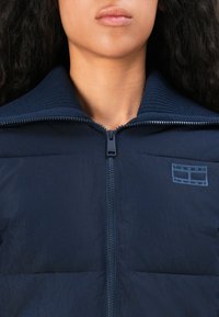 Tamsiai mėlyna pūkinė striukė su aukštu apykakle, užtrauktuku ir tekstūruotu audiniu. Dėvima su ženklu ant krūtinės. Lygus, lengvas medžiaga.
