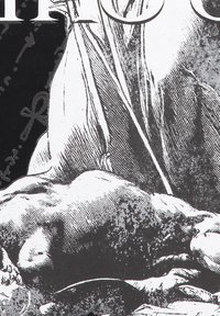 Ilustración en blanco y negro de una figura clásica vestida con túnicas fluidas, con rasgos faciales prominentes y texturas detalladas.