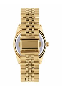 Gold metal watch with a rectangular face and white dial. Features a linked bracelet strap with polished finish and a prominent clasp.