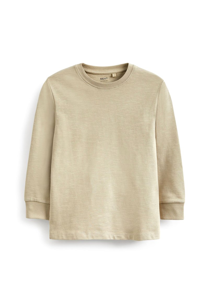 Beige långärmad t-shirt i mjukt material, med rund halsringning och åtsittande mudd. Slät textur utan synliga mönster eller grafik.