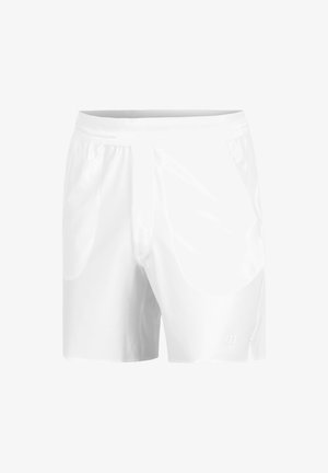 Pantalones cortos deportivos blancos hechos de una tela ligera, con una cintura elástica, dos bolsillos laterales y un logo en la parte inferior izquierda.
