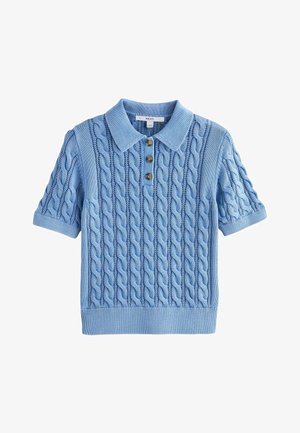 Light blue short-sleeve knit polo shirt with cable patterns and three brown buttons on the front placket.