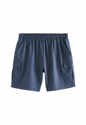 Navy blue cargo shorts made of lightweight fabric. Features an elastic waistband and two side pockets with flaps.