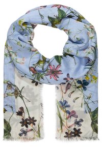 Écharpe bleu clair et crème avec des motifs floraux multicolores et de feuilles vertes, à la texture douce et aux bords frangés.