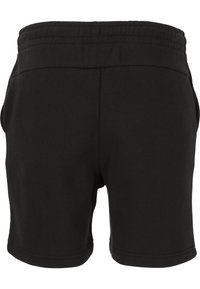 Shorts en coton noir avec une taille élastique, dotés de deux poches latérales et d'une texture lisse et soyeuse. Design simple sans motifs.