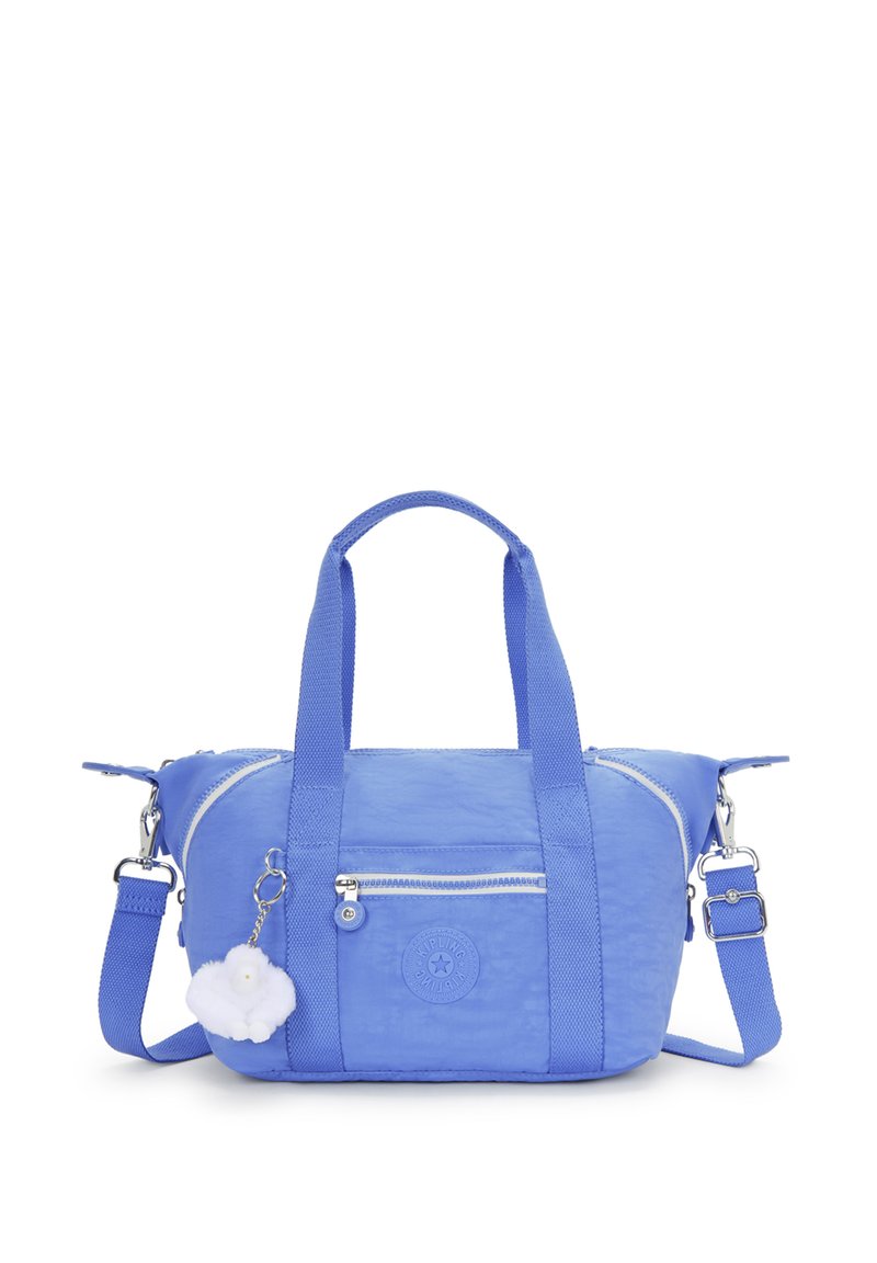 Niebieska torebka z syntetycznego materiału z krótkimi uchwytami, odpinanym paskiem na ramię, przednią kieszenią na zamek oraz attached białą pomponem.