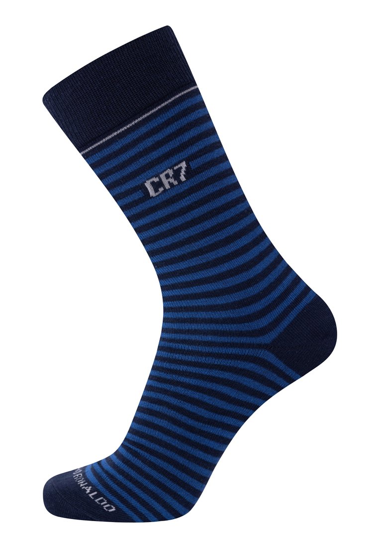Calze a righe blu e navy con un cinturino a coste, dotate del logo 'CR7' in grigio chiaro, realizzate in materiale morbido e elastico.