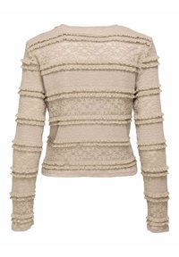 Haut à manches longues beige avec de la dentelle texturée et des accents volants en rayures horizontales, dotée d'un col et de poignets côtelés. Matière en tricot confortable.