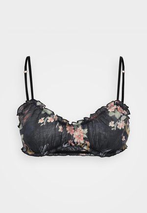 Black floral bralette featuring ruffled edges, thin black straps, and a textured sheer fabric with pink and green floral patterns.