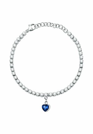 Silver bracelet with clear round stones and a dangling blue heart-shaped gem charm, featuring a lobster clasp and adjustable chain links.
