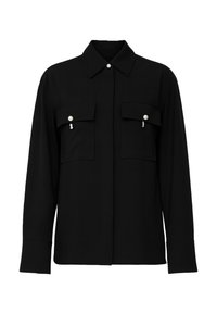 Camicia nera a maniche lunghe con colletto, due tasche sul petto con bottoni a perla e vestibilità dritta. Tessuto dalla texture liscia, design minimalista.