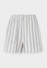 Stripete shorts laget av et lett stoff, med vertikale blå og hvite striper, elastisk midjebånd og en avslappet passform.