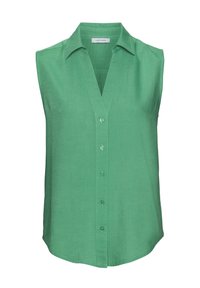 Green sleeveless blouse with a V-neckline, button front closure, and a smooth, textured fabric. Features a classic collar and curved hem.