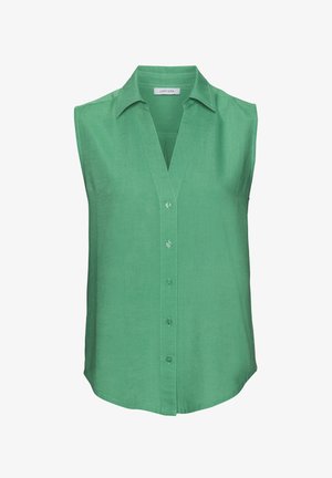Grøn ærmeløs bluse med V-udskæring, knaplukning foran og et glat, tekstureret stof. Har en klassisk krave og buet søm.
