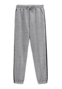 Graue Jogginghose mit einer gesprenkelten Textur, elastischem Bund, Kordelzug, Seitentaschen und schwarzen Streifen entlang der Außennähte.