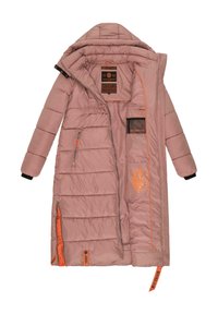 Long pink puffer coat with quilted pattern, inner lining in orange, two zippered pockets, elastic cuffs, and branding tags.