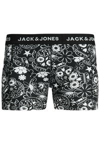 Boxer shorts noirs avec un motif détaillé de fleurs blanches et de têtes de mort en sucre, doté d'une taille en noir étiquetée "JACK & JONES."