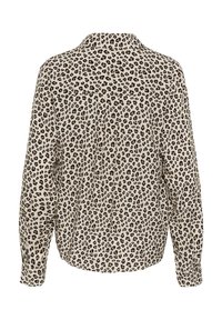 Beež pikkade varrukatega särk musta ja pruuni lehmakirjaga mustriga, millel on krae ja nööbitavad mansetid, näidatud tagantpoolt.