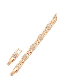 Bracciale in oro rosa con link intrecciati e motivi floreali decorati con cristalli trasparenti. La chiusura è anch'essa in oro rosa con un accento floreale.