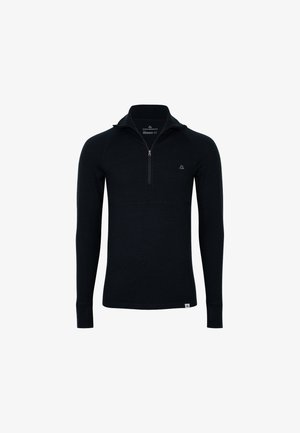 Zwarte lange mouwen pullover met ritssluiting, gemaakt van zachte stof, voorzien van een hoge kraag, slanke pasvorm en een klein logo op de borst.