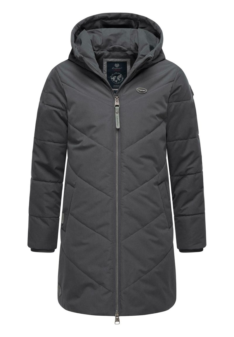Parka grigia isolata con cappuccio, caratterizzata da un motivo trapuntato diagonale, chiusura con zip e tasche laterali. Texture morbida, materiale resistente.