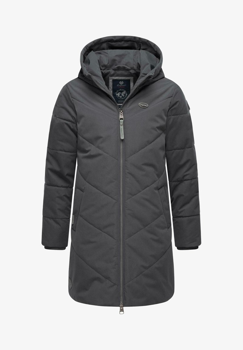 Grå isoleret parka med hætte, der har et diagonalt quiltet mønster, lynlås lukning og sidelommer. Blød tekstur, slidstærkt materiale.