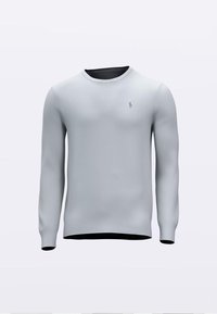 Helehall hall kampsunist kampsun ümmarguse kaeluse, pikkade varrukate ja rinnal sinise peene logoga. Omab musta ääre detaili.