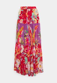 Langer, fließender Rock mit floralen Mustern in Rot, Lila und mehrfarbigen Elementen, ausgestattet mit einem Kordelzugbund und kleinen goldenen Akzenten.