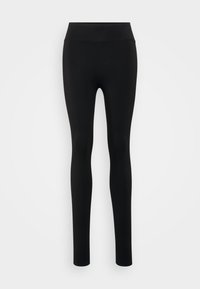 Juodos aukštai pakeltos besiūlės legging kelnių su plačiu elastingu juosmeniu, siaura forma ir pilno ilgio klešnėmis, demonstruojamos prieš šviesų foną.