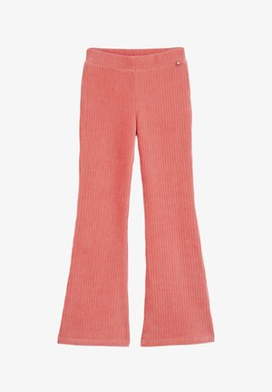 Hlače od rebrastog materijala, breskvasta boja, prošireni oblik, elastični pojas i dekorativni bočni cvjetni naglasak.