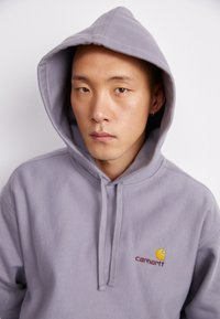 Gray hoodie with a front pocket and drawstring hood, featuring a yellow and brown Carhartt logo embroidered on the chest.