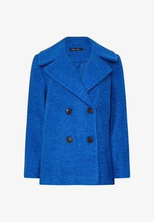 Blauer doppelt abgesetzter Mantel aus strukturiertem Stoff, mit großen schwarzen Knöpfen, einem Reverskragen und geradem Schnitt sowie seitlichen Taschen.