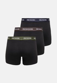 Drei Paare schwarze Boxershorts mit elastischen Bund in Marineblau, Braun und Olivgrün, beschriftet mit "ONLY & SONS." Aus weichem Baumwollmaterial.