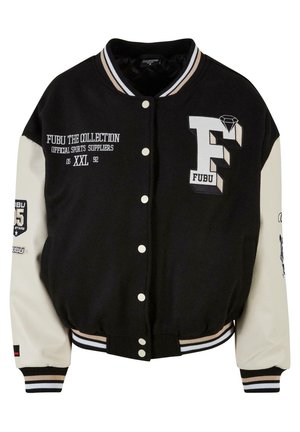 Sort varsity-jakke med cremefarvede ærmer, der har broderet FUBU-logo, tekstdetaljer og trykknapper. Ribbet krave og manchetter. Størrelse XXL.