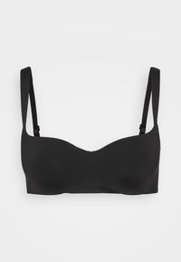 Soutien-gorge noir avec armatures et bonnets moulés, bretelles réglables et texture lisse. Présente un design simple et sans couture, sans ornements.