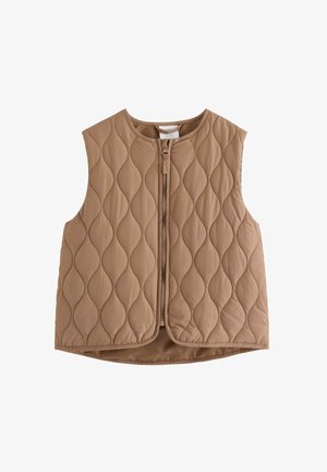 Gilet trapuntato senza maniche marrone chiaro con cerniera frontale e motivo di cuciture a onde.