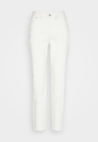 White denim jeans with front button and zipper, five-pocket style, straight leg cut, displayed against a plain light background.