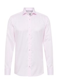 Camicia a maniche lunghe di un rosa chiaro realizzata in tessuto liscio. Presenta un colletto classico, apertura con bottoni e polsini con singolo bottone. Design semplice.