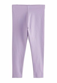 Helllila Leggings aus elastischem Stoff. Sie verfügen über eine glatte Textur, eine figurschmeichelnde Passform und einen elastischen Bund.