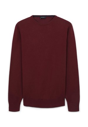 Langarm-Pullover mit Rundhalsausschnitt in einheitlichem Dunkelrot, mit gerippten Bündchen, Halsausschnitt und Saum, auf einem weißen Hintergrund präsentiert.
