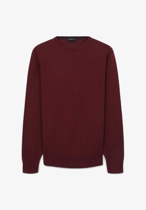 Langarm-Pullover mit Rundhalsausschnitt in einheitlichem Dunkelrot, mit gerippten Bündchen, Halsausschnitt und Saum, auf einem weißen Hintergrund präsentiert.
