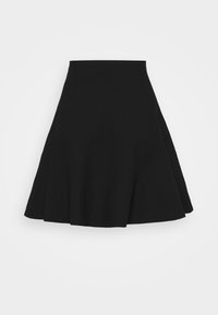 Black flared skirt made from a soft fabric. It features a high waistband and an A-line silhouette, tapering gently towards the hem.