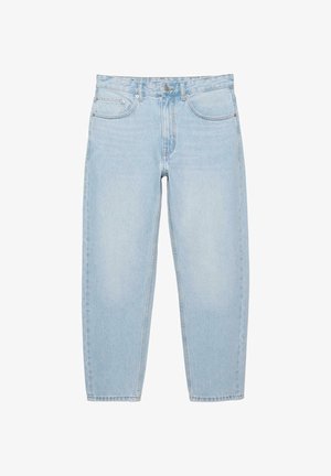 Hellblaue Jeans aus Denim mit geradem Bein, Fünf-Taschen-Design und Reißverschluss. Verfügt über dezentes Verblassen und Nahtdetails.